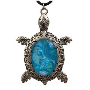 Blue Gold Turtle Pendant Necklace Fluid Art Cabochon Svetlana Yeung Hand Crafted
